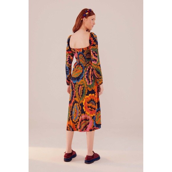 Farm Rio Colorful Flower Midi Dress S M Long Sleeve Smock Floral Bead Squareneck - Picture 2 of 7